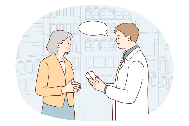 мужчина-консультант продает лекарства пожилым пациенткам - pharmacist stock illustrations