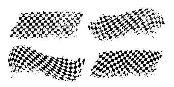 Grunge flags for race with checker pattern set vector illustration. Abstract retro grungy motocross rally flags for finish or start, wave checkerboard texture, motorsport emblems isolated on white