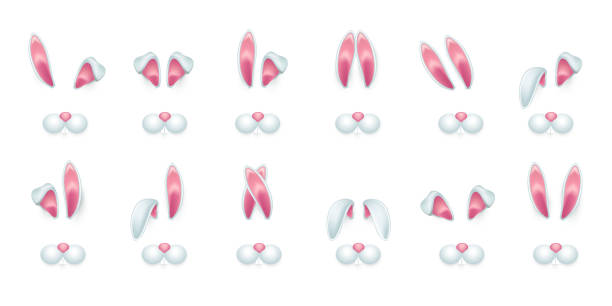 ilustraciones, imágenes clip art, dibujos animados e iconos de stock de orejas de conejo de primavera y lindo hocico, máscara de conejos de pascua divertida en 3d para el conjunto de aplicaciones móviles - disfraz de conejo