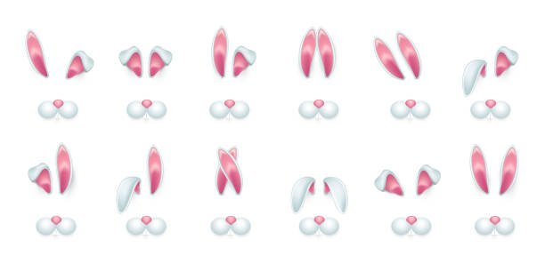 Ears of spring bunny and cute muzzle, 3d funny Easter rabbits mask for mobile app set Ears of spring bunny and cute muzzle vector illustrations set. 3d funny Easter rabbits mask for mobile app filter, happy hare animal, pretty decorative girlish headband and costume isolated on white ears white background stock illustrations