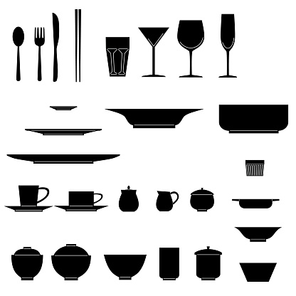 collection of tableware icon materials drawn with silhouette.