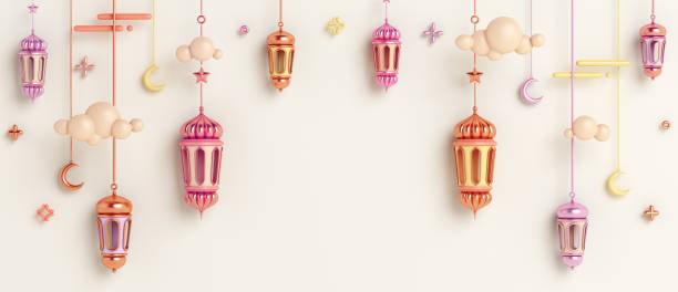 istock Islamic decoration background with crescent moon lantern, copy space text, ramadan kareem, mawlid, iftar, isra  miraj, eid al fitr adha, muharram, 3D illustration. 1385033772