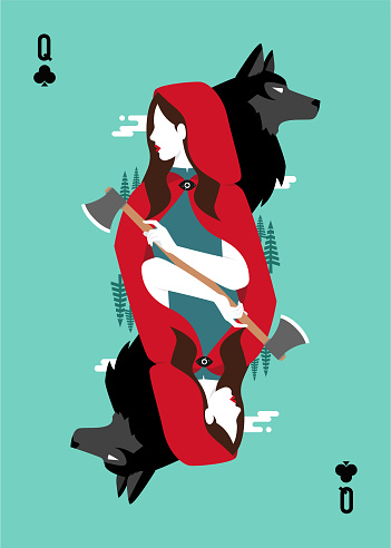 Queen of clubs playing card, red riding hood.