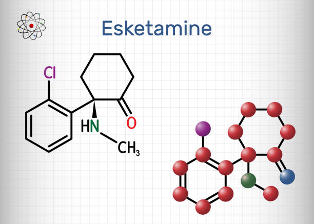 Esketamine molecule. It is the S-enantiomer of ketamine, with analgesic, anesthetic and antidepressant activities.. Structural chemical formula, molecule model. Sheet of paper in a cage Esketamine molecule. It is the S-enantiomer of ketamine, with analgesic, anesthetic and antidepressant activities.. Structural chemical formula, molecule model. Sheet of paper in a cage. Vector illustration Oxygen stock illustrations