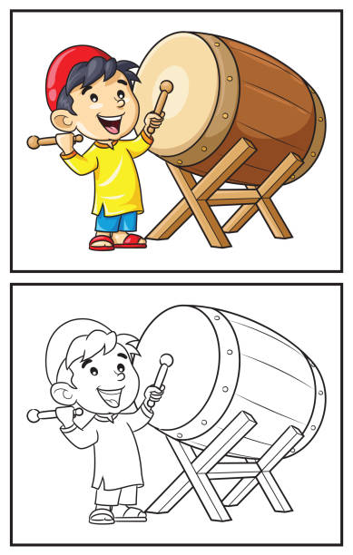 Coloring book cute boy playing bedug drum Coloring book cute boy playing bedug drum. Coloring page and colorful clipart character. Vector cartoon illustration. bedug stock illustrations