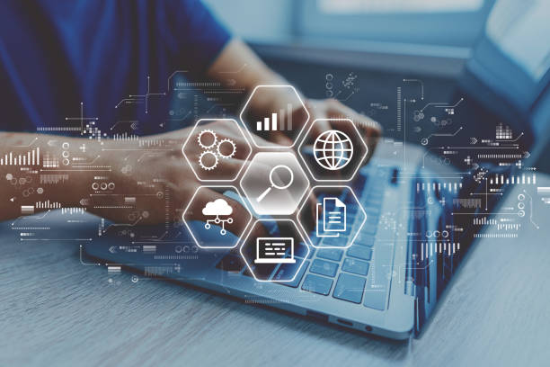 istock Data discovery concept. Data collection and aggregation. The person is working on a laptop. 1385043455