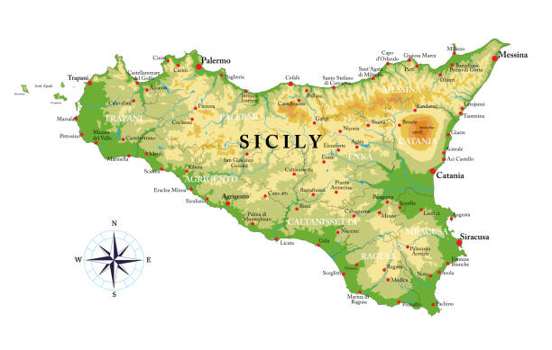 illustrations, cliparts, dessins animés et icônes de carte physique très détaillée de la sicile - italy map sicily cartography