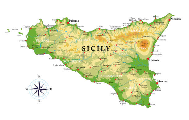 illustrazioni stock, clip art, cartoni animati e icone di tendenza di mappa fisica altamente dettagliata della sicilia - italy map sicily cartography