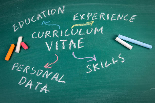 istock Curriculum Vitae. Education, Experiance and Skills concept. Text on a green chalkboard 1385045235