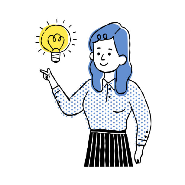 ilustrações, clipart, desenhos animados e ícones de mulher de negócios recebendo lâmpada para novas ideias novas - improvise