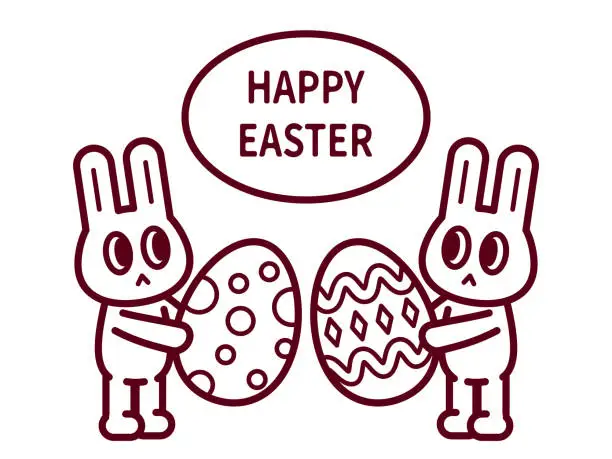 Vector illustration of Happy Easter, two Easter Bunny sending big Easter Eggs to each other