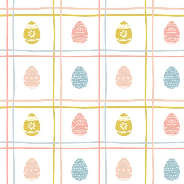 Vector illustration of Seamless checkered pattern with hand-drawn pink and blue intersecting lines and decorated Easter eggs on a white background. Simple background for wrapping paper, home textiles. Vector illustration