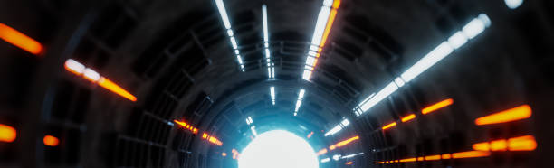 istock Moving light beams in sci-fi tunnel.,digital background.,3d model and illustration. 1385049747