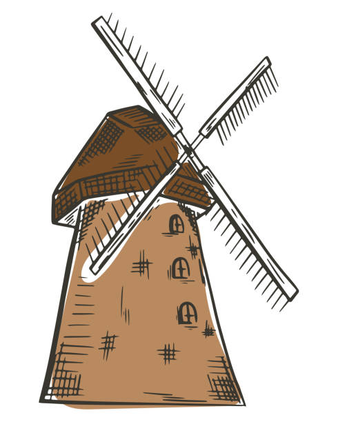 windmühlenvektor. alte hölzerne traditionelle getreidemühle. farbskizze landwirtschaft - altes backhaus dorf stock-grafiken, -clipart, -cartoons und -symbole