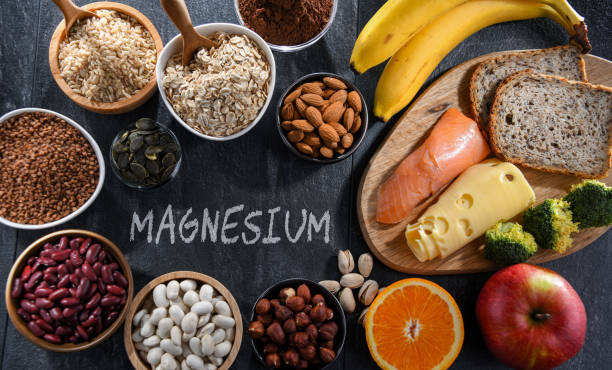 Composition with food products rich in magnesium Composition with food products rich in magnesium. magnesium deficiency stock pictures, royalty-free photos & images