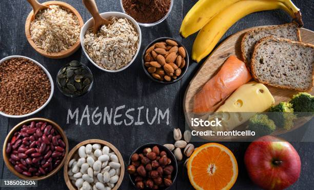 Composition With Food Products Rich In Magnesium Stock Photo - Download Image Now - Magnesium, Deficiency - Condition, Dairy Product