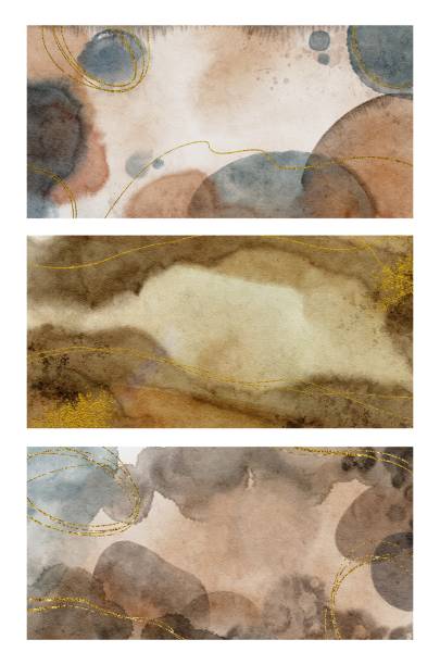 istock Hand Drawing Watercolor Abstract Background poster set. Aquarelle wallpaper design with golden line. Earthy tones of blue and beige. For prints, wall drawings, covers and invitations cards 1385052532