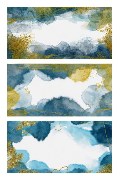 istock Hand Drawing Watercolor Blue backgrounds set with golden spalsh and lines. Copyspace for your text. Use for poster, business card and wedding invitation 1385052558
