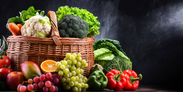 istock Composition with assorted organic vegetables and fruits 1385052561