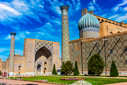 SAMARKAND, UZBEKISTAN - MAY 8, 2019: Registan, an old public square in the heart of the ancient city of Samarkand, Uzbekistan.