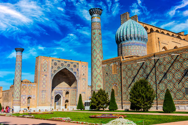 Registan, an old public square in Samarkand, Uzbekistan SAMARKAND, UZBEKISTAN - MAY 8, 2019: Registan, an old public square in the heart of the ancient city of Samarkand, Uzbekistan. samarkand stock pictures, royalty-free photos & images