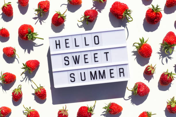 istock Hello Sweet Summer text on light box and strawberry on white background. Creative concept Summer time. Top view, Flat lay, greeting card 1385056257