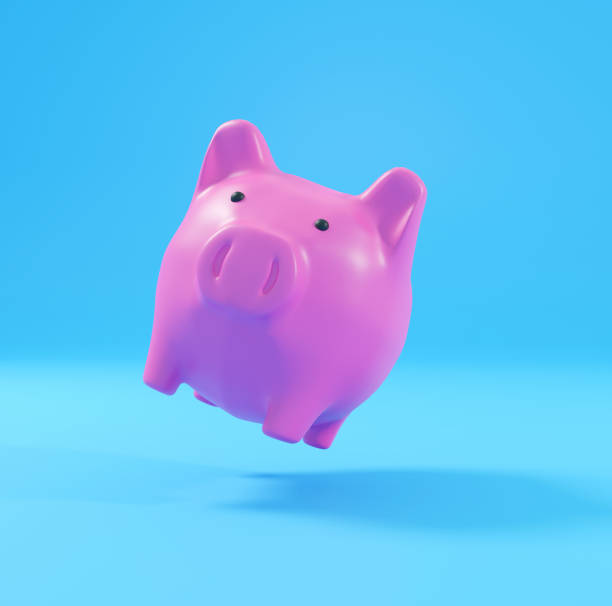 istock Pink piggy bank floating with blue background. 3D rendering 1385056416