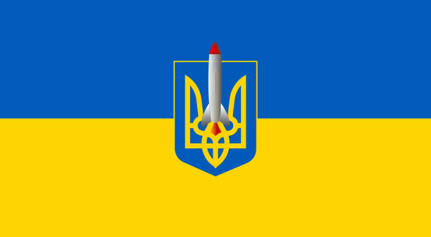 istock Ukrainian flag with Tryzub (trident). official national flag of Ukraine with a rocket. 1385056592