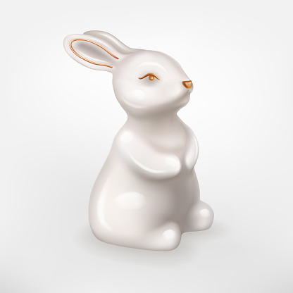 Figure of white ceramic Rabbit isolated on a white background. Vector realistic 3D illustration of decorative Bunny. Rabbit is a symbol of the 2023 Chinese New Year