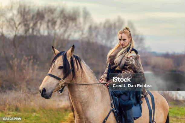Beautiful Viking Warrior Royal Female Riding Horse Stock Photo - Download Image Now - Medieval, Women, One Woman Only
