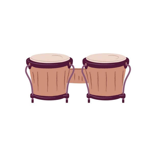 Paired double bongos drum. African percussion rhythm music instrument. Ethnic folk traditional percussive object. Colored flat vector illustration isolated on white background Paired double bongos drum. African percussion rhythm music instrument. Ethnic folk traditional percussive object. Colored flat vector illustration isolated on white background. cartoon of a african bongo drums stock illustrations