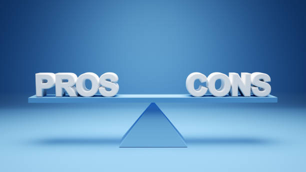The words pros and cons balanced on a seesaw. Comparing positive advantages or negative disadvantages The words pros and cons balanced on a seesaw. Comparing positive advantages or negative disadvantages concept. 3D render. pros and cons stock pictures, royalty-free photos & images