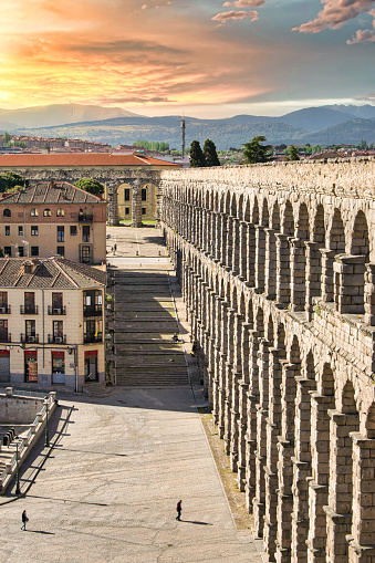 Vertical photograph of the thousand-year-old Roman aqueduct of Segovia, Spain