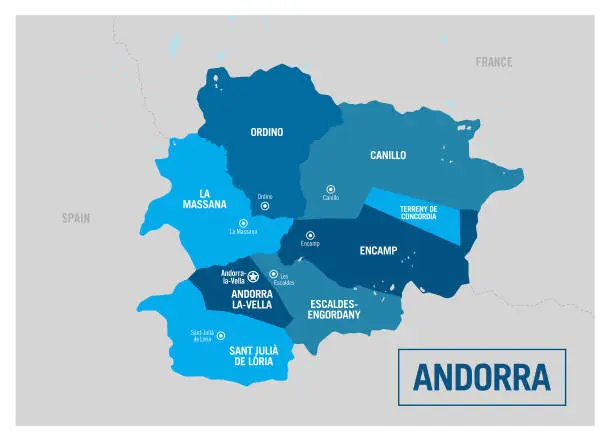 Vector illustration of Andorra country political map. Detailed vector illustration with isolated states, regions and cities easy to ungroup.