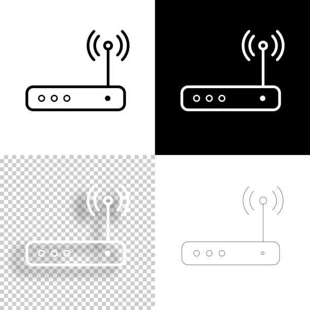ilustraciones, imágenes clip art, dibujos animados e iconos de stock de router wifi. icono para el diseño. fondos en blanco, blancos y negros - icono de línea - box white blank computer software