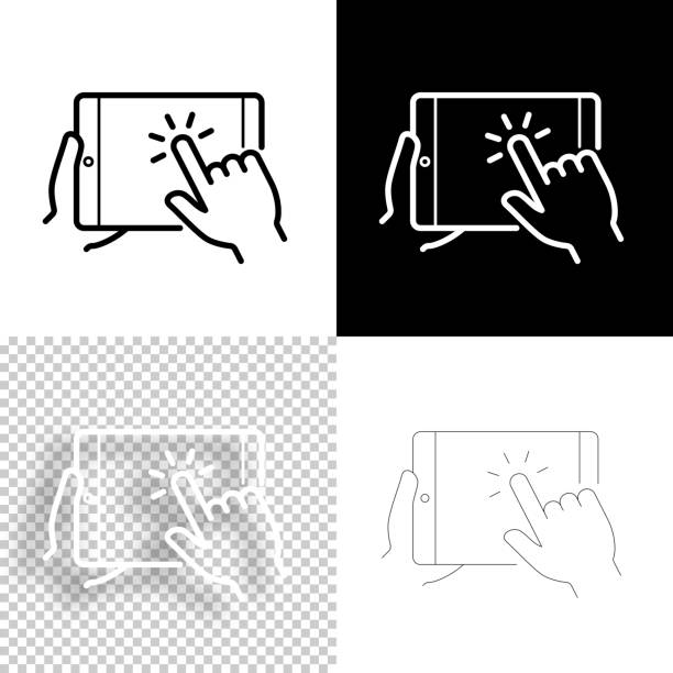 ilustrações de stock, clip art, desenhos animados e ícones de hand touch screen tablet pc. icon for design. blank, white and black backgrounds - line icon - human hand on black