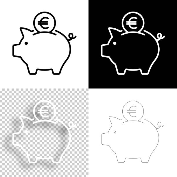 sparschwein mit euro-münze. icon für design. leere, weiße und schwarze hintergründe - liniensymbol - piggy bank symbol finance black stock-grafiken, -clipart, -cartoons und -symbole