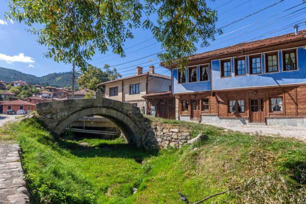 Ancient stone bridge with beautiful green grass stock photo