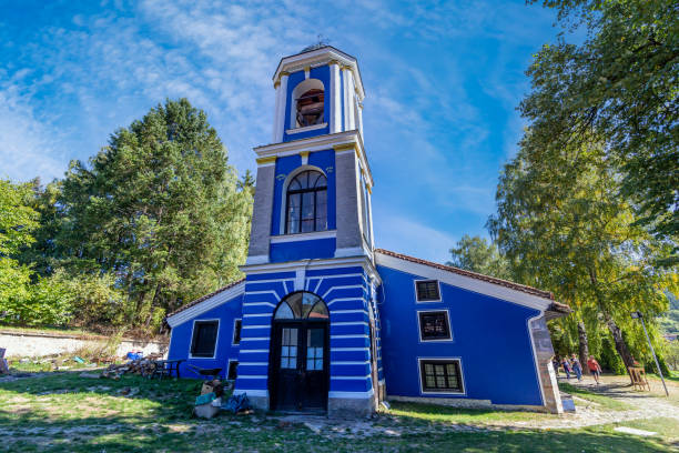 Beautiful blue church with blue sky stock photo