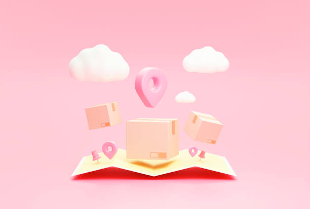 istock Parcels box or Cardboard boxes and Pin pointer mark location on map Online delivery transportation logistics concept on pink background 3d rendering illustration 1385077510