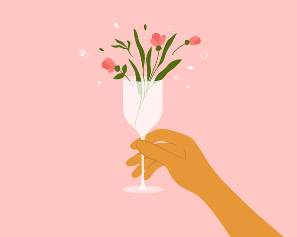 Spring or summer vector illustration with human hand holding champagne or wine glass with blossom flowers Human hand holding champagne or wine glass with blooming flower, leaves. Rose or pion in drink. Hello spring abstract illustration. Cocktail, fresh beverage, juice, summer party, vector floral poster rosé stock illustrations