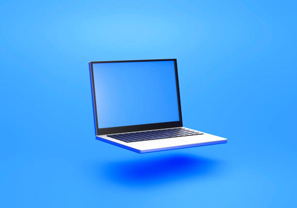 istock Laptop computer model technology concept on blue background icon or symbol 3D rendering 1385078902