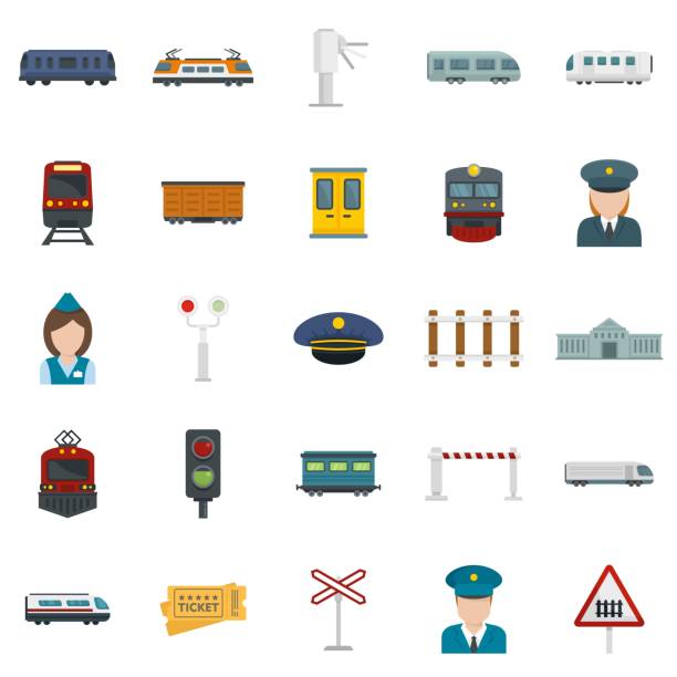 Electric train driver icons set flat vector isolated Electric train driver icons set. Flat set of electric train driver vector icons isolated on white background transport conductor stock illustrations