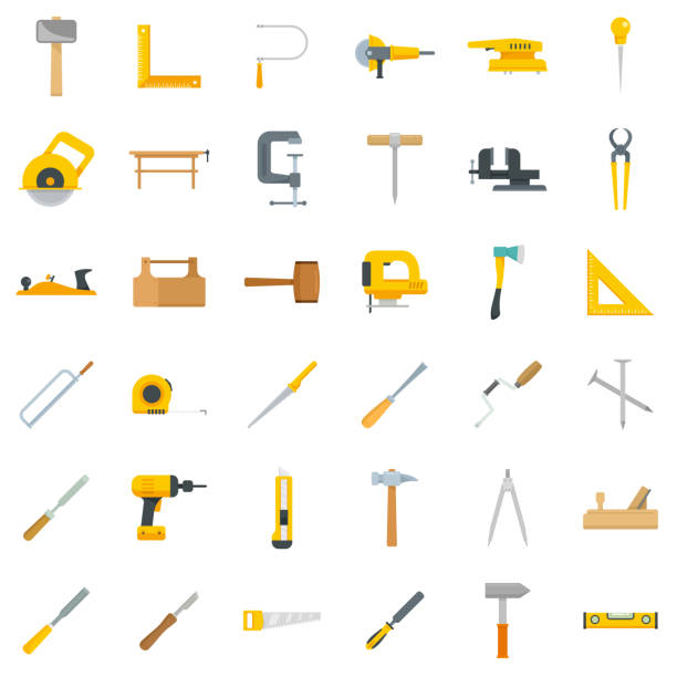 ilustraciones, imágenes clip art, dibujos animados e iconos de stock de iconos de herramientas de carpintero establecidos vector plano aislado - hammer work tool isolated hand tool