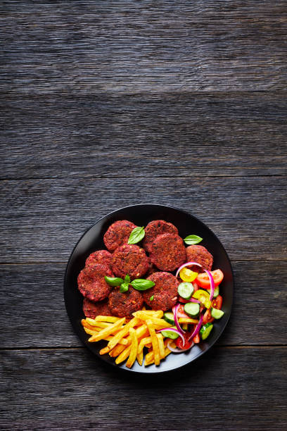 beetroot chickpea vegan burger with french fries