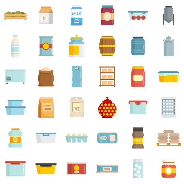 Food storage icons set flat vector isolated Food storage icons set. Flat set of food storage vector icons isolated on white background stacking food containers stock illustrations