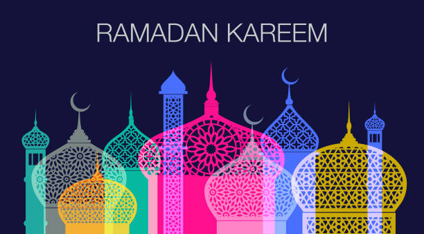Ramadan Kareem Colourful overlapping silhouettes of Mosques for Ramadan. Ramadan, Ramadan Kareem, Eid-Ul-Fitr, Islam, Fasting - Activity, Allah, Iftar, Muhammad - Prophet, Religion, Arabic Culture, Arabic ramadan stock illustrations