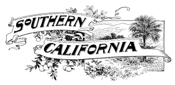illustrazioni stock, clip art, cartoni animati e icone di tendenza di toponimi decorati: southern california - panoramic california mountain range southwest usa