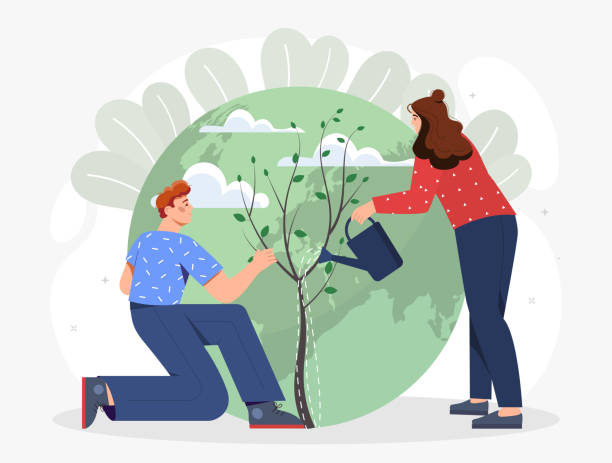 Happy Earth Day concept Happy Earth Day concept. Man and woman watering tree against background of large planet. Taking care of nature and protecting environment. Design element for postcard. Cartoon flat vector illustration soil sample stock illustrations