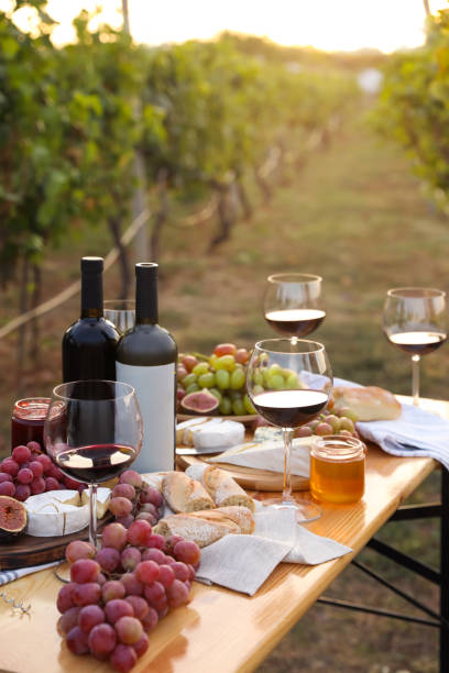 야외에서 나무 테이블에서 피크닉을 위해 제공되는 레드 와인과 스낵 - winery autumn vineyard grape 뉴스 사진 이미지